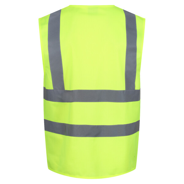 Yellow hi-vis vest back with a large Top Print logo print