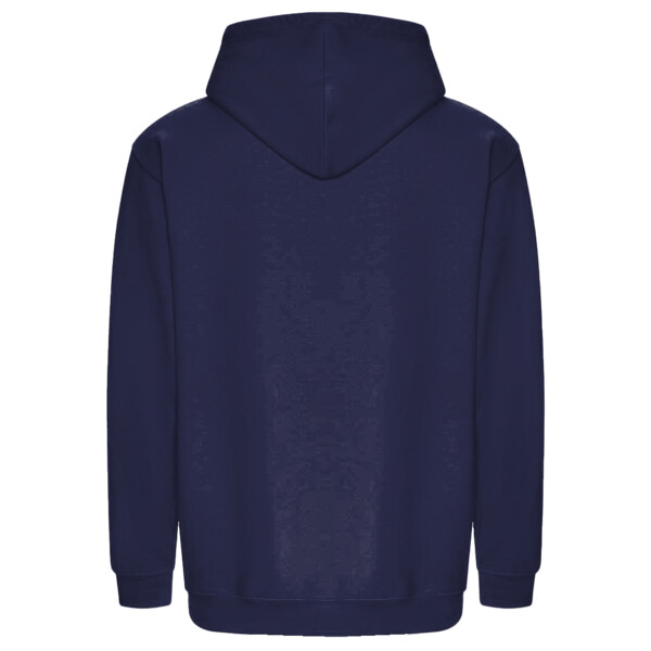 Navy hoodie back with a large Top Print logo print
