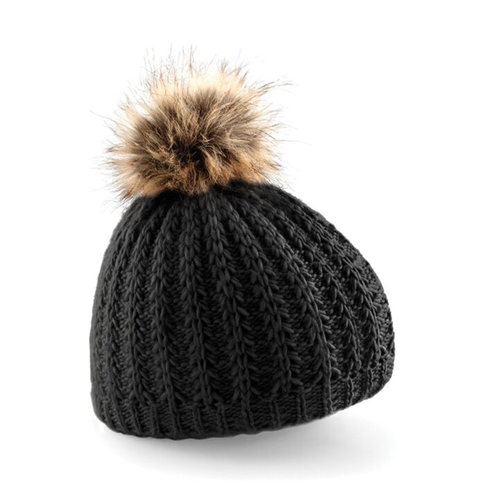 Faux fur pom pom beanie Thumbnail